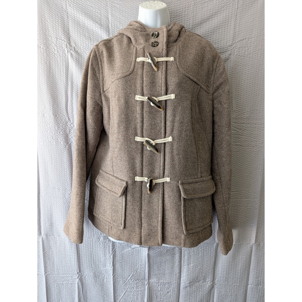 Old Navy Womens XL Brown Hooded Toggle Duffle Coat Plaid Lined Heathered Oatmeal
